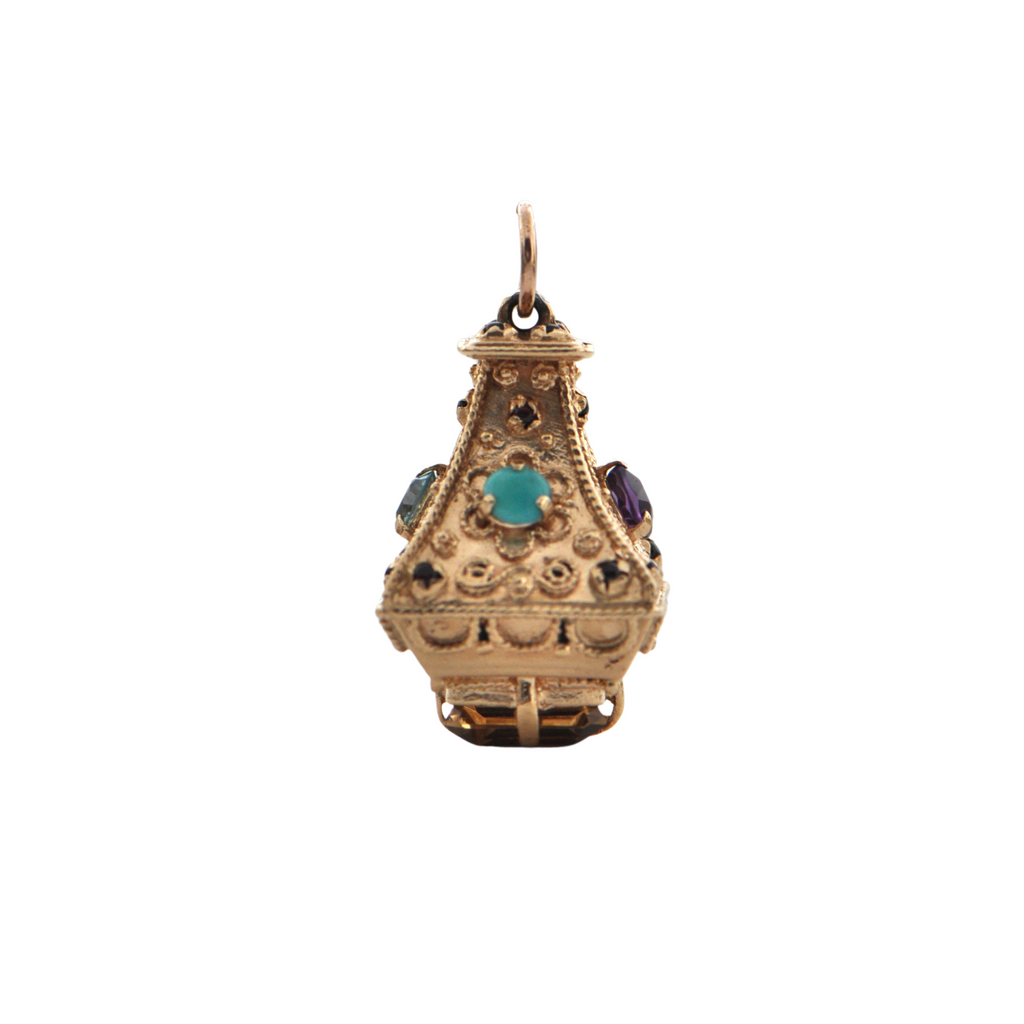 Vintage Multi-Gemstone 14K Yellow Gold Lantern Charm + Montreal Estate Jewelers