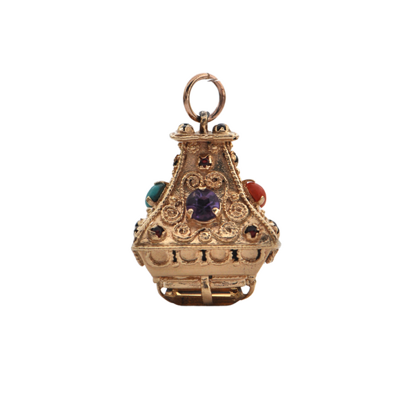 Vintage Multi-Gemstone 14K Yellow Gold Lantern Charm + Montreal Estate Jewelers