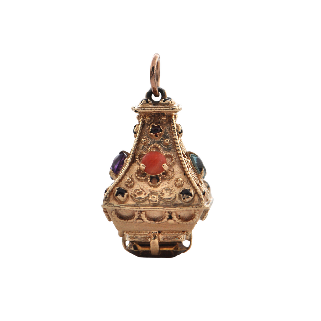 Vintage Multi-Gemstone 14K Yellow Gold Lantern Charm + Montreal Estate Jewelers