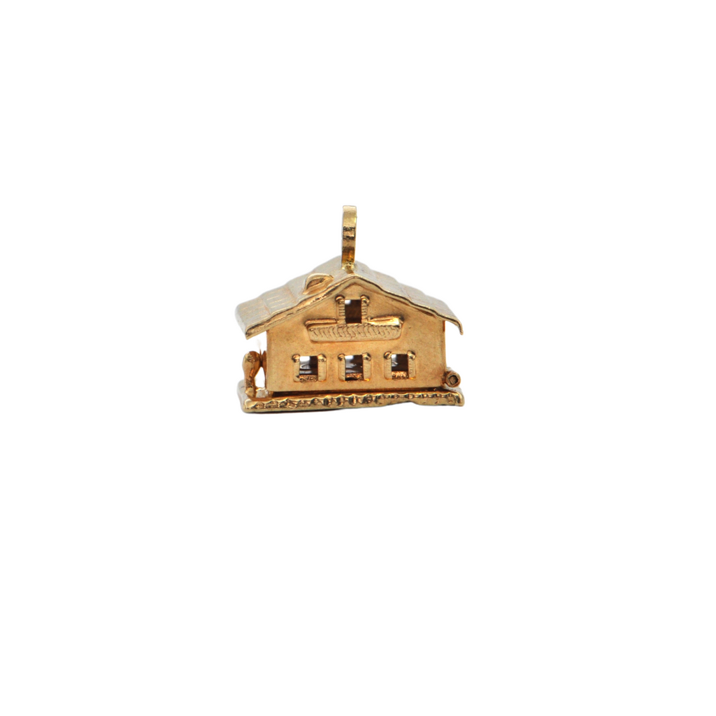 Vintage hinged 18K Yellow Gold Cabin with Enamelled Hearts Inside Charm + Montreal Estate Jewelers