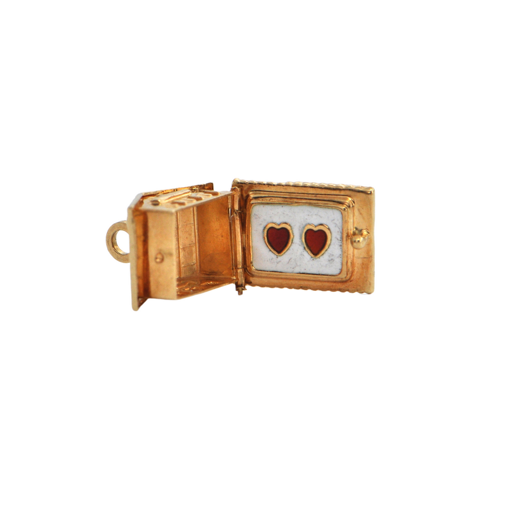 Vintage hinged 18K Yellow Gold Cabin with Enamelled Hearts Inside Charm + Montreal Estate Jewelers