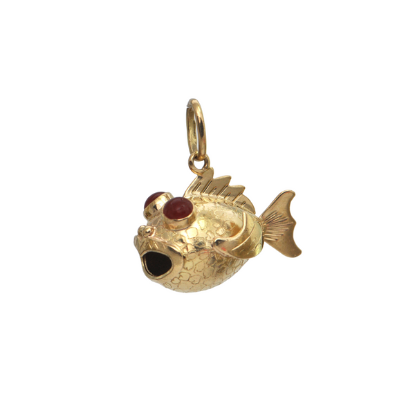 Vintage Italian Carnelian 18k Gold Puffer Fish Charm + Montreal Estate Jewelers