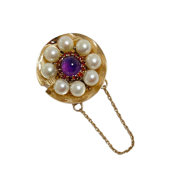 Vintage 1950’s Amethyst, Garnet, and Pearl 14k Gold Push Clasp + Montreal Estate Jewelers