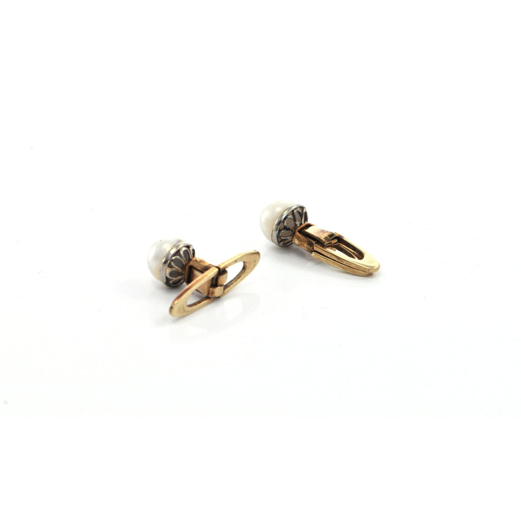 Vintage Birks Japanese Cultured Pearl Stud Cufflinks in 14k Yellow Gold + Montreal Estate Jewelers