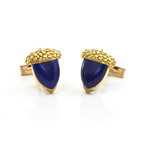 Vintage 14K Yellow Gold Lapis Lazuli Acorn Cufflinks + Montreal Estate Jewelers
