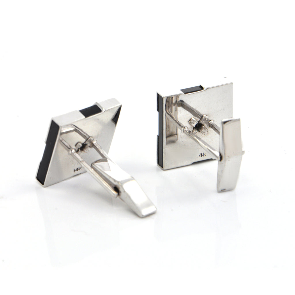 Vintage 14K  White Gold and Onyx Cufflinks with 0.16CT in Diamonds  + Montreal Estate Jewelers