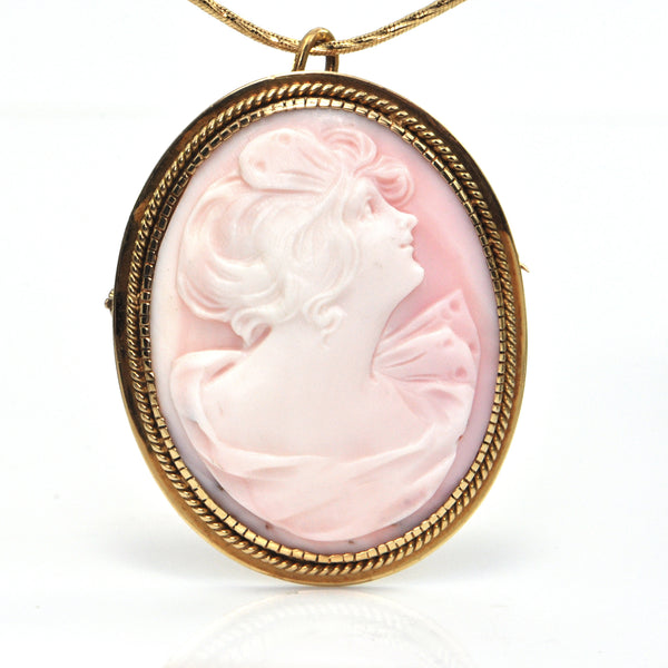 Vintage 18K Yellow Gold Shell Cameo Brooch/Pendant of Woman Looking Up + Montreal Estate Jewelers