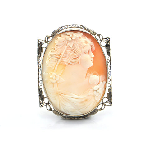 Vintage 14K Yellow Gold Shell Cameo Brooch/Pendant of Woman + Montreal Estate Jewelers