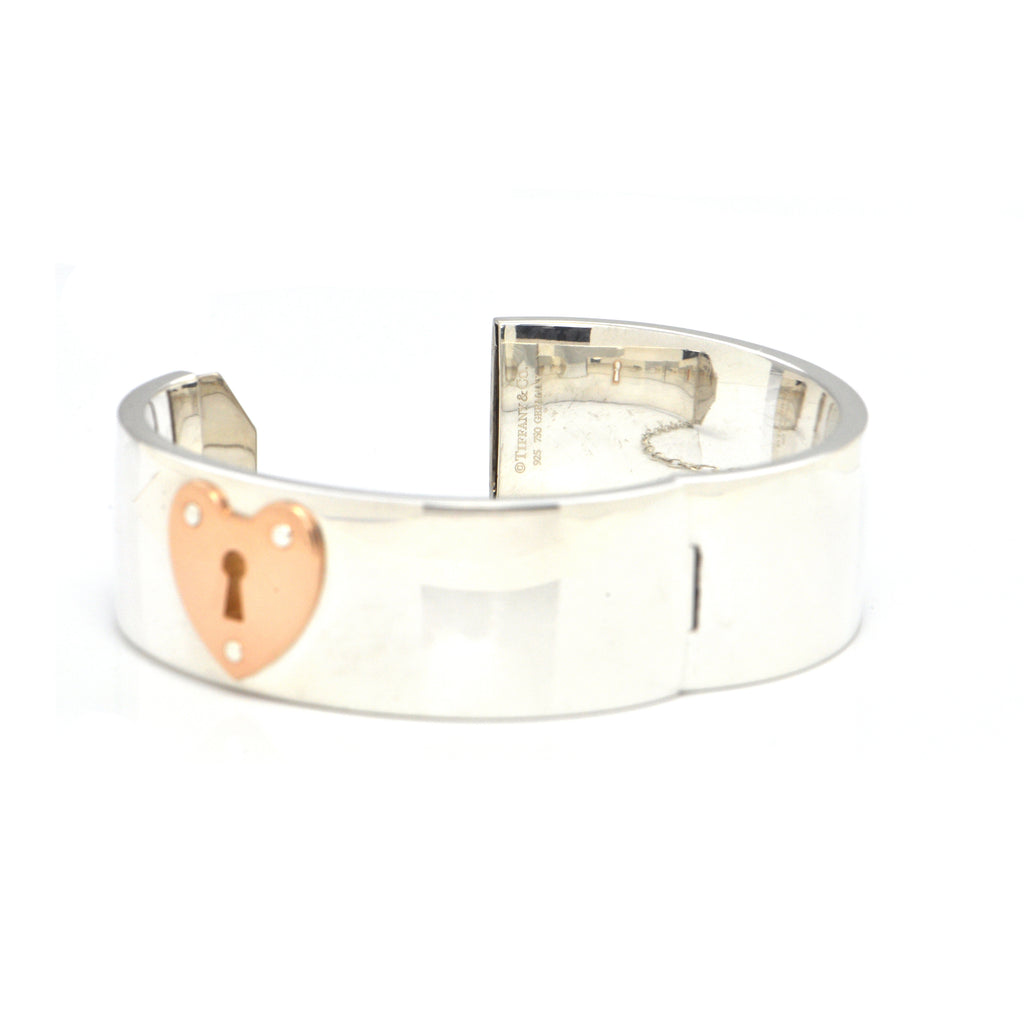 Vintage Tiffany & Co. Large Hinged 925 Sterling Silver Bangle with 18K Rose Gold Heart + Montreal Estate Jewelers