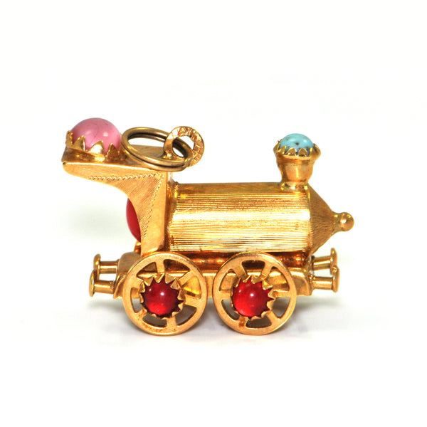 Vintage 18K yellow gold Locomotive charm with coloured glass stones + Estate Jewelers