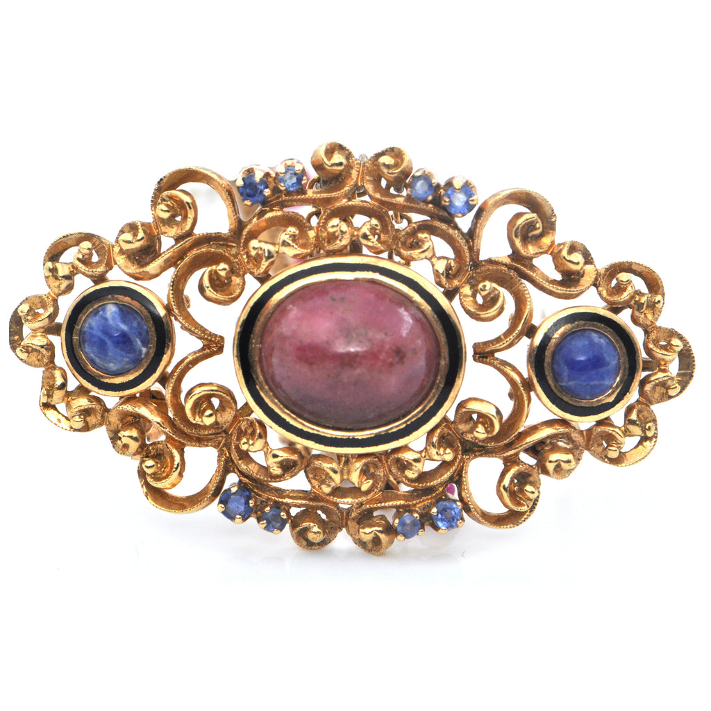 Vintage Italian Rhodochrosite and Lapis Lazuli 18K Yellow Gold Brooch + Montreal Estate Jewelers 