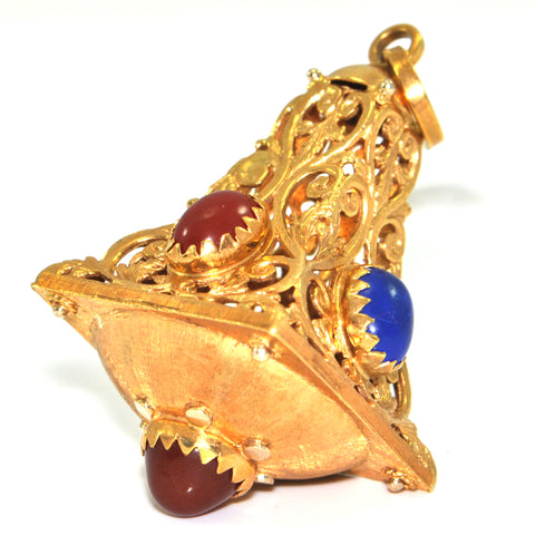 Vintage Lantern charm, 18K yellow gold with red and blue glass + Estate Jewelers