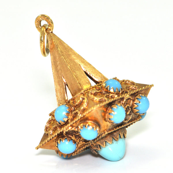 Vintage Lantern charm, turquoise coloured blue glass in 18K yellow gold + Estate Jewelers