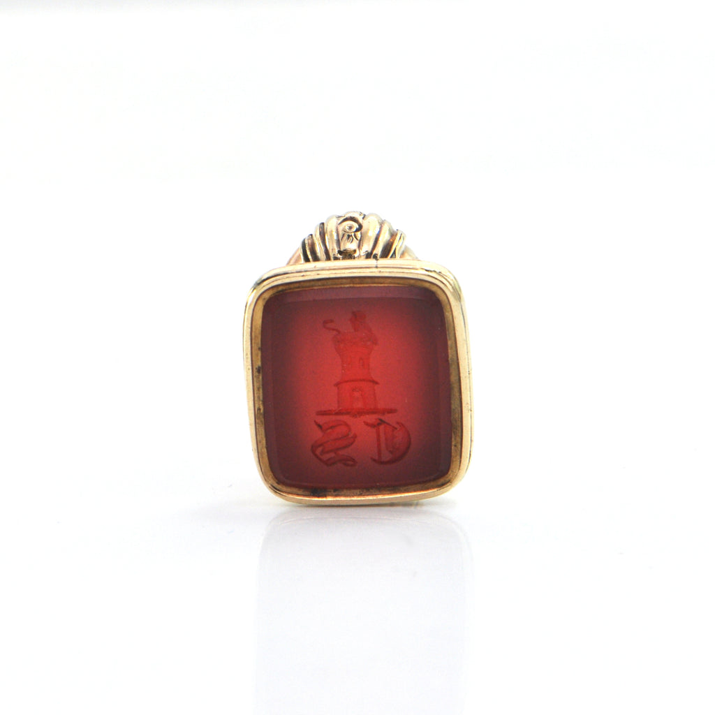 Carved Carnelian 14K Yellow Gold Fob Pendant C.1900 + Montreal Estate Jeweler 