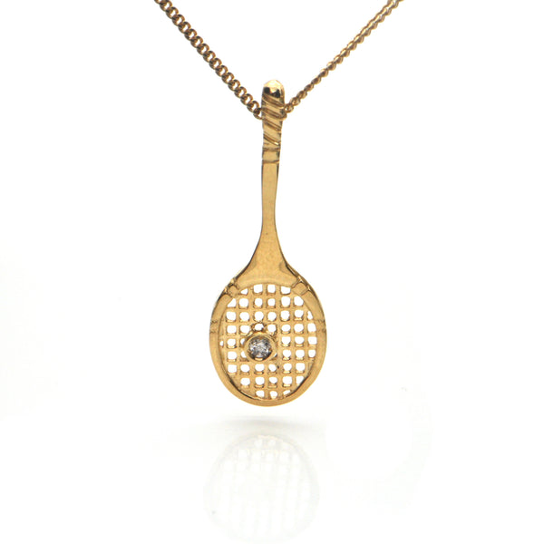0.03CT Diamond and 18K Yellow Gold Tennis Racket Pendant + Montreal Estate Jewelers