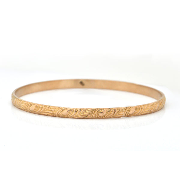 Vintage 18K Yellow Gold Bangle Bracelet with Leaf Motif + Montreal Estate Jewelers