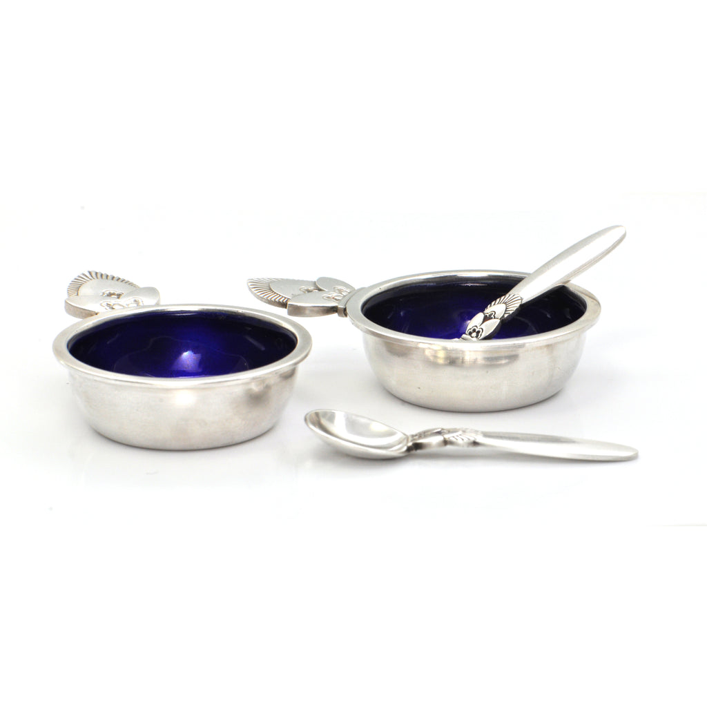 Sterling Silver Salt Cellar and Spoon Set:  Georg Jensen Cactus Pattern C.1945-1951 + Montreal Estate Jewelers