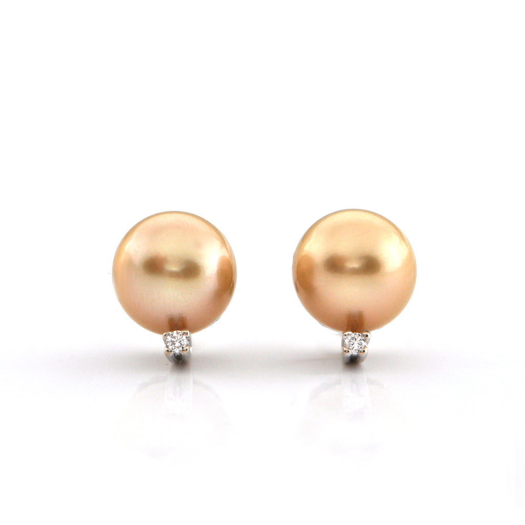 Natural Gold 11.4mm South Sea Pearl and 0.06ct Diamond 18K White Gold Earrings + Montreal Estate Jewelers