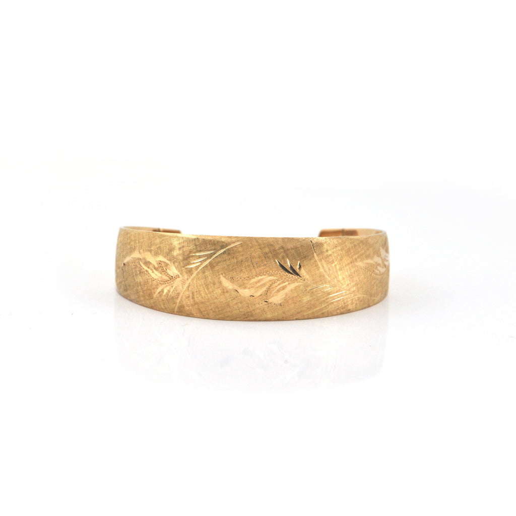 Vintage Brushed 18K Yellow Gold Child's Cuff Bracelet with Leaf Engraving + Montreal Estate Jewelers