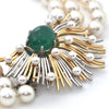 Retro Three Strand Pearl Necklace with Platinum and 18K Yellow Gold 11CT Emerald and Seed Pearl Clasp C.1950 + Montreal Estate Jewelers
