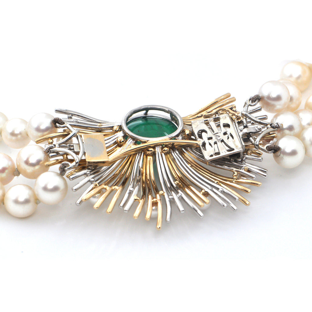 Retro Three Strand Pearl Necklace with Platinum and 18K Yellow Gold 11CT Emerald and Seed Pearl Clasp C.1950 + Montreal Estate Jewelers