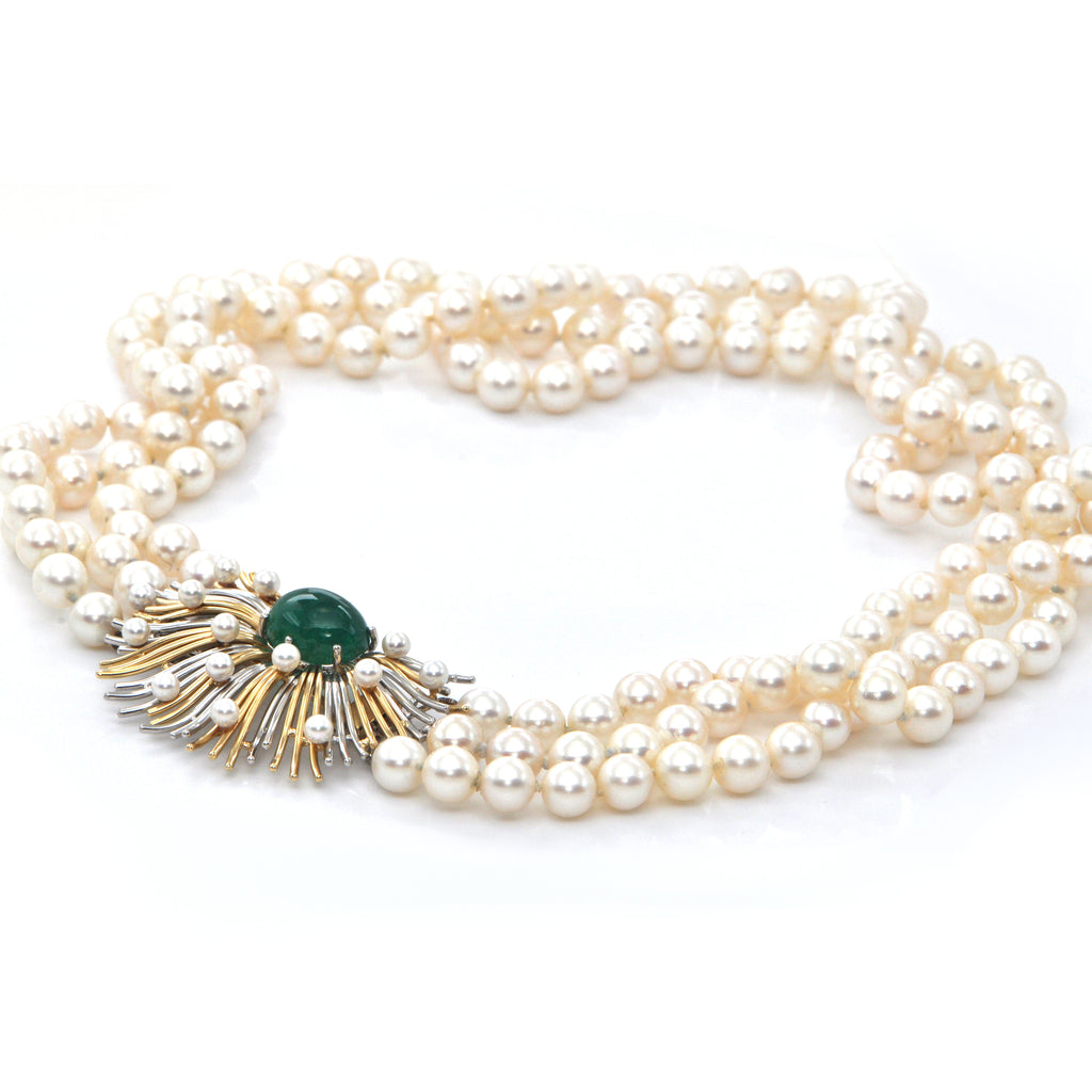 Retro Three Strand Pearl Necklace with Platinum and 18K Yellow Gold 11CT Emerald and Seed Pearl Clasp C.1950 + Montreal Estate Jewelers