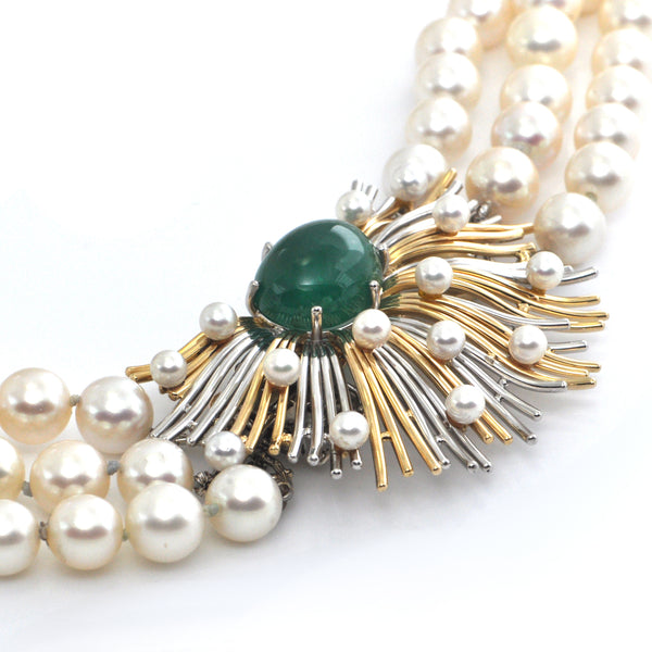 Retro Three Strand Pearl Necklace with Platinum and 18K Yellow Gold 11CT Emerald and Seed Pearl Clasp C.1950 + Montreal Estate Jewelers