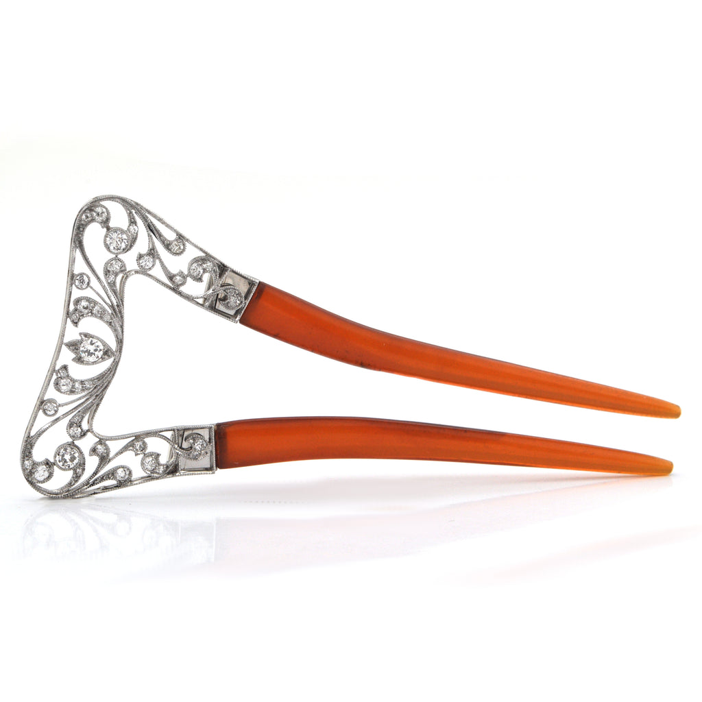 Edwardian Platinum and Tortoiseshell 0.87ct Diamond Hinged Hair Pin C.1900 By T.B Star + Montreal Estate Jewelers