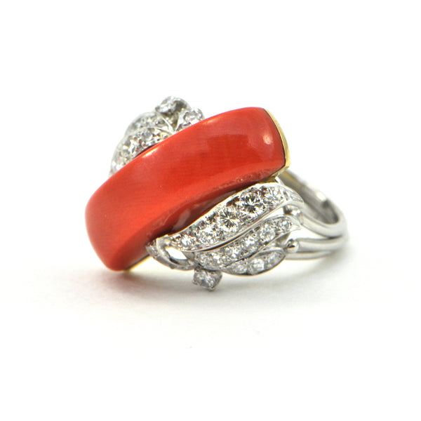 Vintage Coral and 0.50ct Diamond ring circa 1960 - montreal estate jeweller