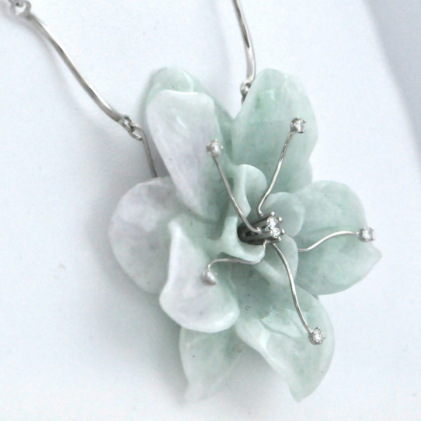 Hand Carved Jadeite Jade Flower and Diamonds Necklace  - Daisy Exclusive - Westmount, Montreal