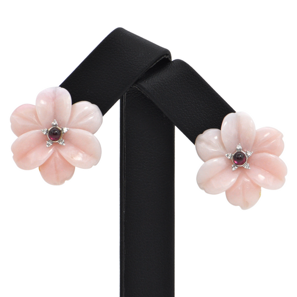 Vintage Peruvian Opal, Diamond, and Red Tourmaline 14k Gold Flower Earrings + Montreal Estate Jewelers