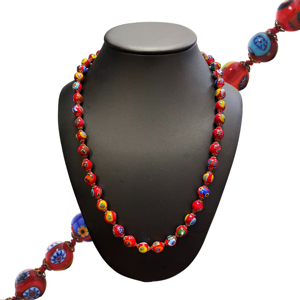 Vintage Murano Millefiori Red Glass Bead Necklace + Montreal Estate Jewelers