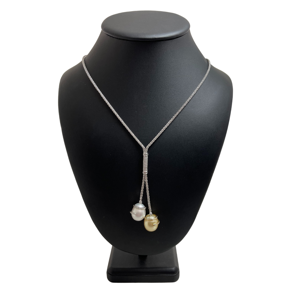 Vintage Italian South Sea Pearl and Diamond 18k Gold Lariat Necklace + Montreal Estate Jewelers