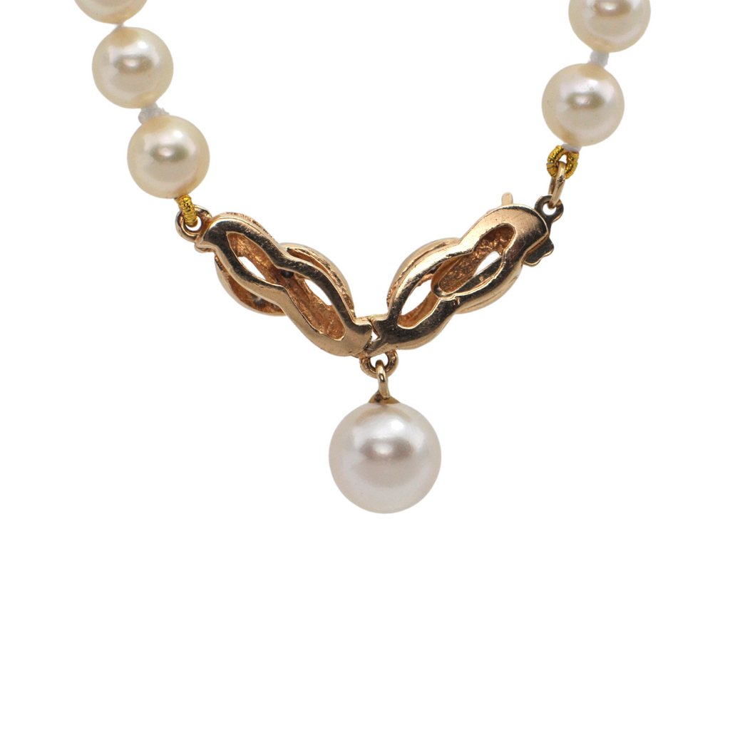 Vintage Japanese Cultured Pearl Necklace with Diamond and Pearl Drop 14k Gold Pendant/Clasp + Montreal Estate Jewelers