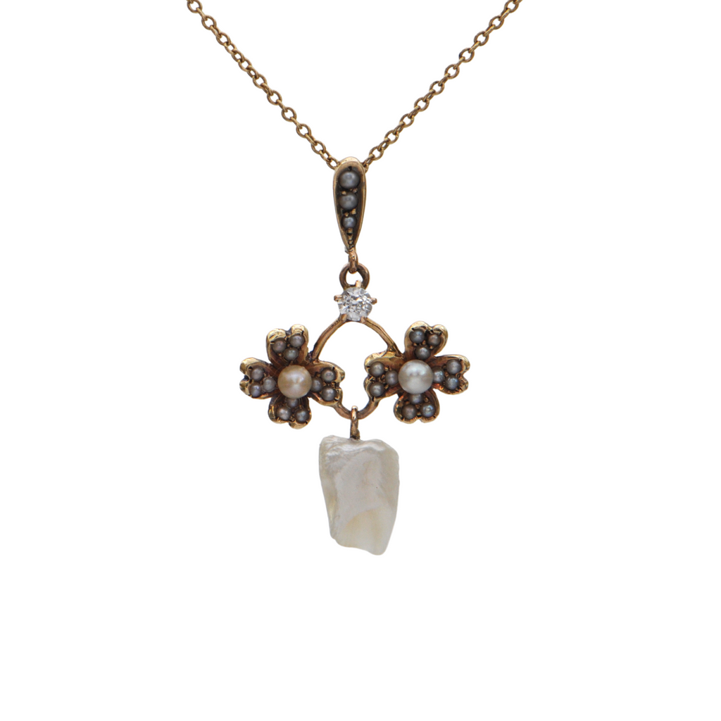 Antique Edwardian Diamond and Pearl Gold Pendant (C.1900-1910) + Montreal Estate Jewelers