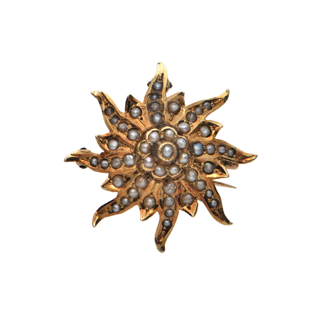 Late Victorian14K Gold and Seed Pearl Starburst Pendant/Brooch + Montreal Estate Jewelers