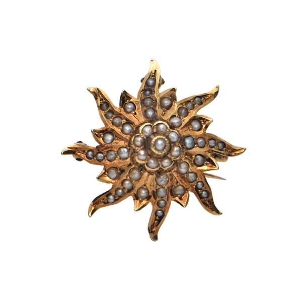 Late Victorian14K Gold and Seed Pearl Starburst Pendant/Brooch + Montreal Estate Jewelers