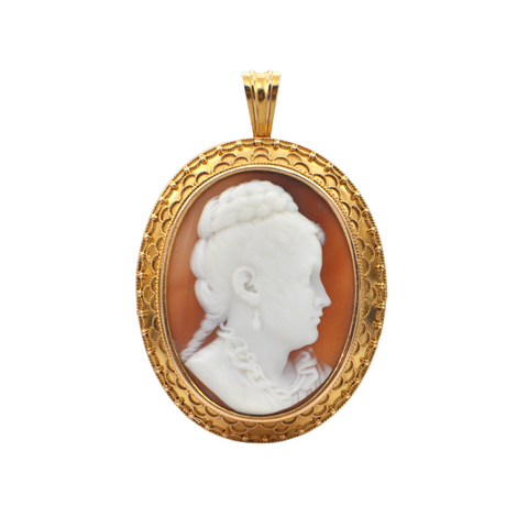 Antique Shell 14K Yellow Gold Cameo Pendant/Brooch + Montreal Estate Jewelers