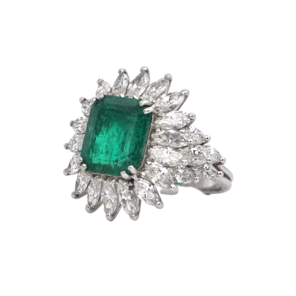 6.34 CT GIA Certified Colombian Emerald and Diamond Cocktail Ring C.1960 Italy + Montreal Estate Jewelers