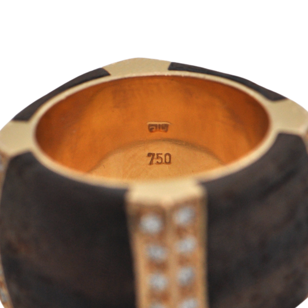 Estate Signed 'Binder' Modernist Diamond & Wood 18K Gold Ring (C.1990) + Montreal Estate Jewelers