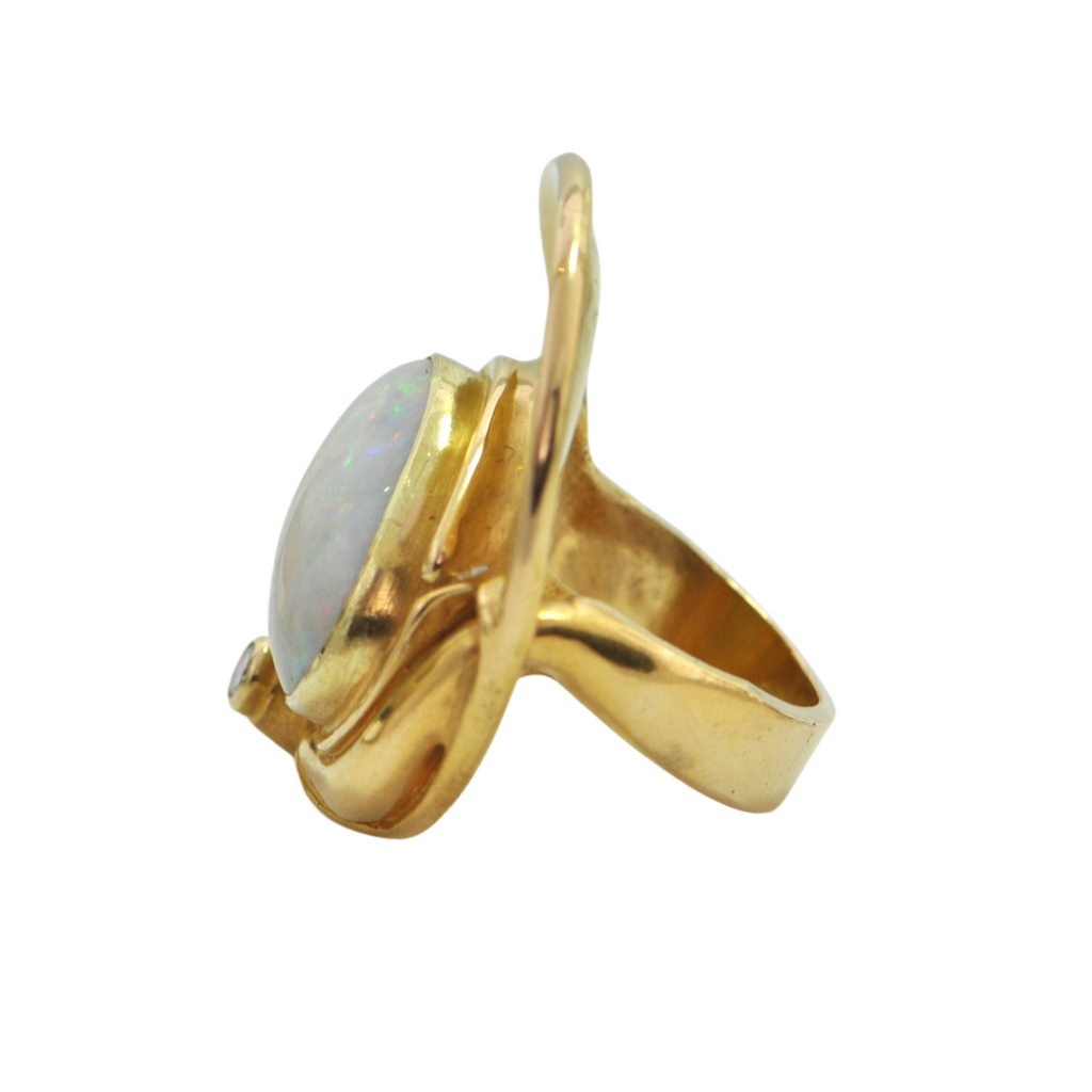 Modernist 'Demaret' White Fire Opal and Diamond 18K Yellow Gold Ring + Montreal Estate Jewelers