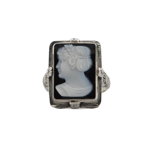 Vintage Hardstone Cameo 14K White Gold Ring + Montreal Estate Jewelers