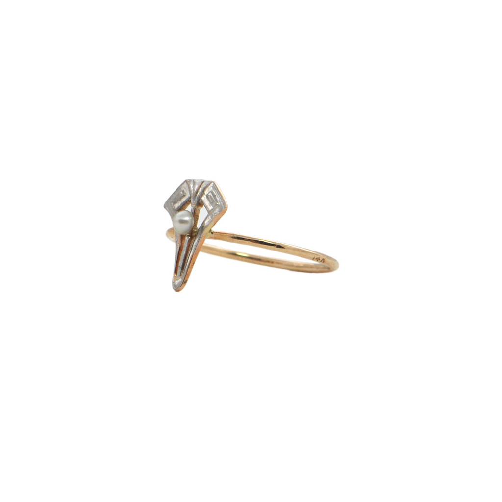 Art Deco Pearl 14K Gold Stickpin Ring + Montreal Estate Jewelers