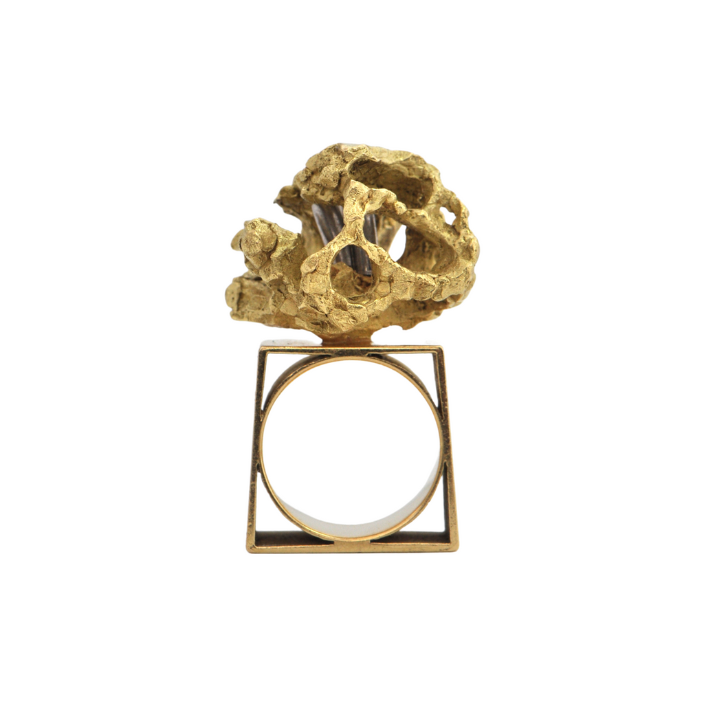 Mid-Century Brutalist Style Diamond 18k Gold Ring-Attributed to Walter Schluep + Montreal Estate Jewelers