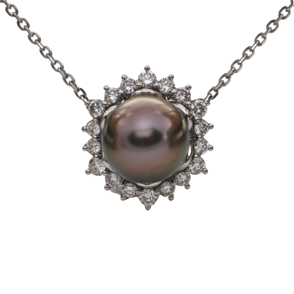 Daisy Exclusive Peacock color Tahitian Pearl and Diamond Platinum Necklace + Montreal Estate Jewelers