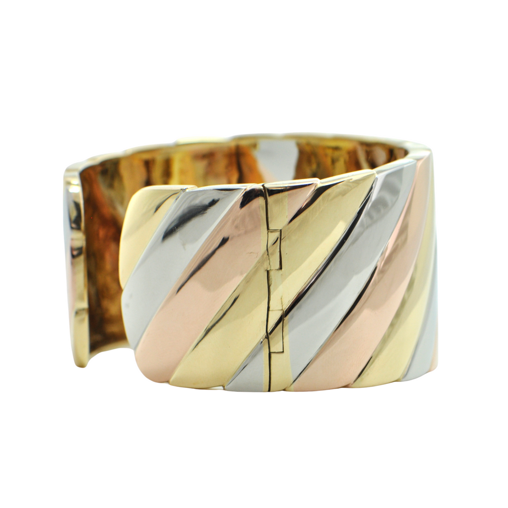 Italian 18K Yellow, White, and Rose Gold Hinged Cuff + Montreal Estate Jewelers