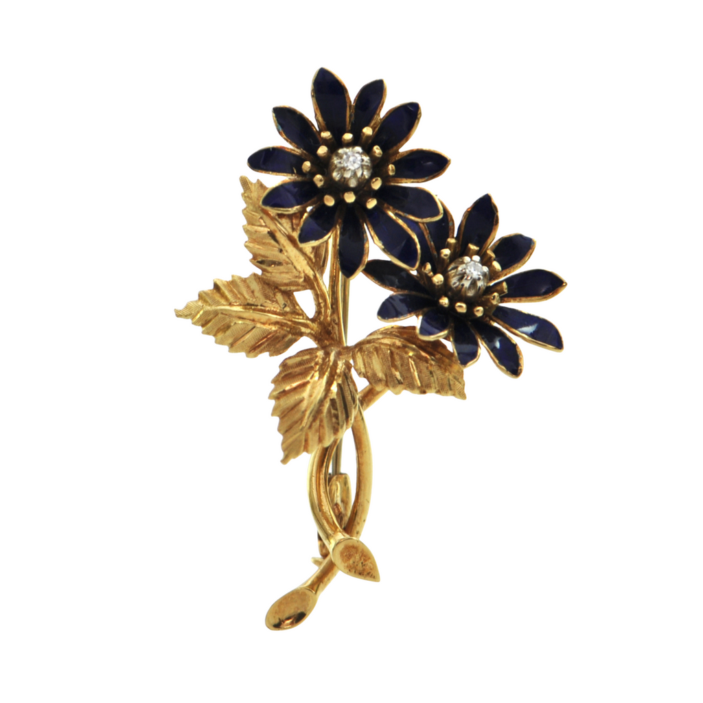 Vintage Diamond and Enamel 18K Yellow Gold Flower Brooch C.1950's + Montreal Estate Jewelers