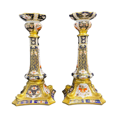 Pair of Royal Crown Derby 'Old Imari' Candlesticks (Set of 2) Dated 1986 + Montreal Estate Jewelers