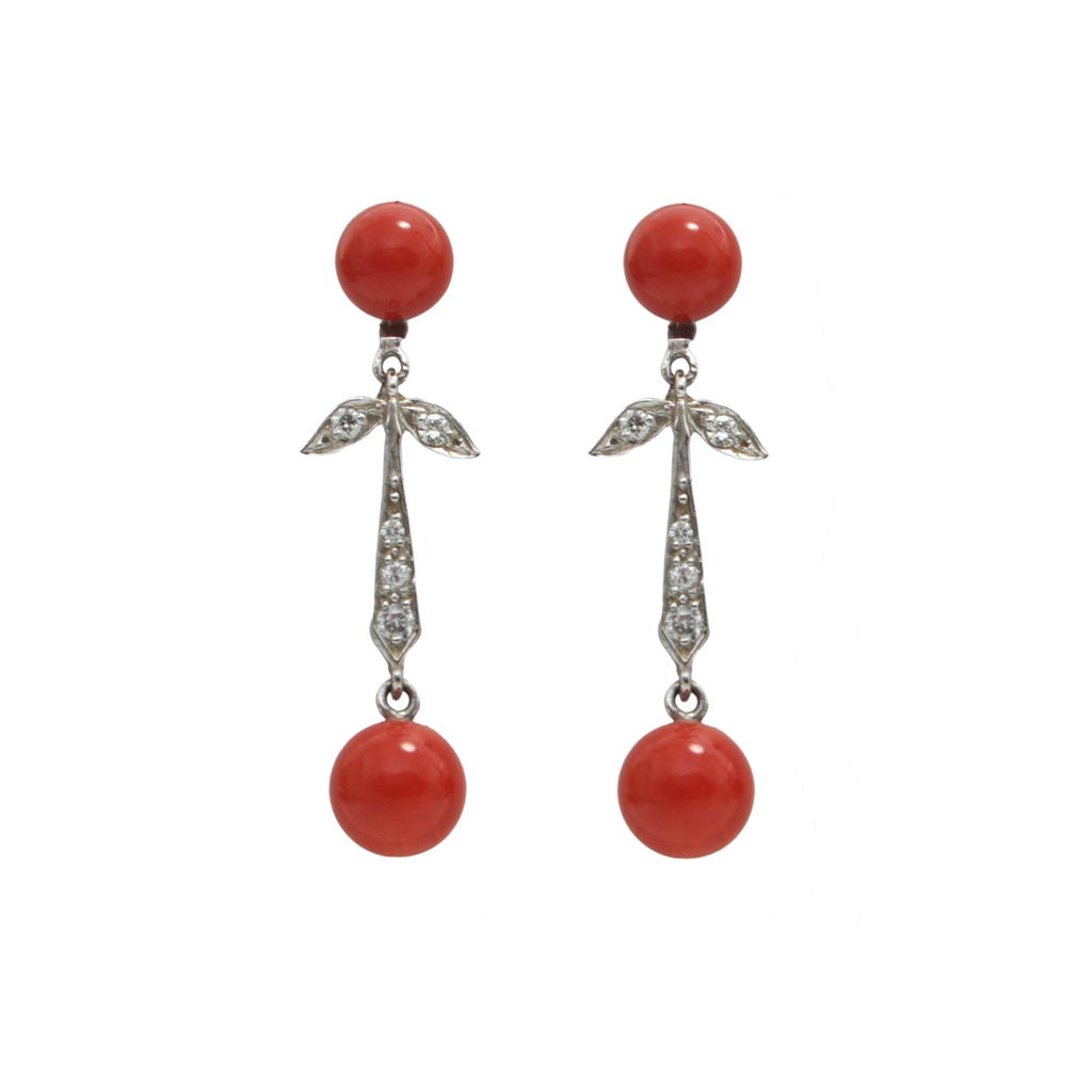 Diamond and Coral 18K White Gold Drop Earrings + Montreal Estate Jewelers