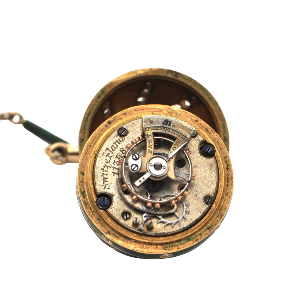 Antique French Green Enamel 18K Yellow Gold Ball Watch on Necklace C.1860-1880 + Montreal Estate Jewelers